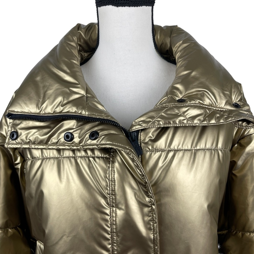 DKNY Sport Women's Puffer Jacket Large Metallic Gold Cropped Carrying Straps - Picture 2 of 14